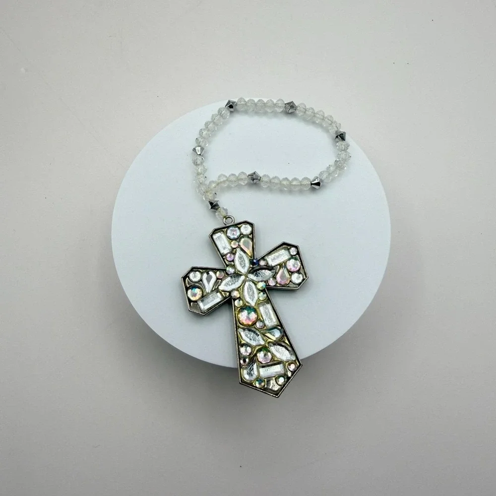 Vintage Silver Tone Beaded Cross Charm Bracelet Rhinestone Crystal‎ AB Statement